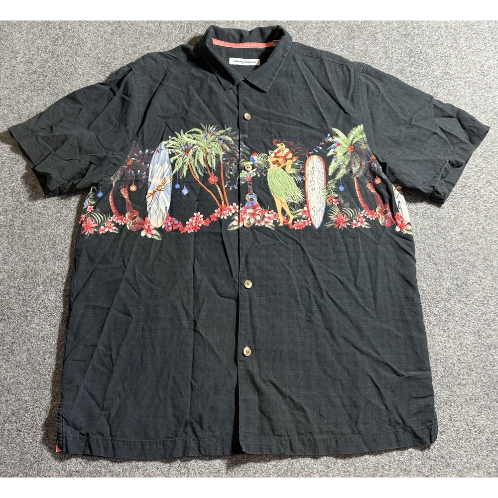 Tommy‎ Bahama Camp Shirt Mens Large Mele Kalikimaka Christmas Embroidered AOP